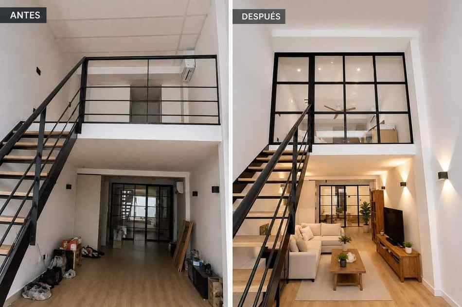 Antes y después — cerramiento acristalado de aluminio con puerta